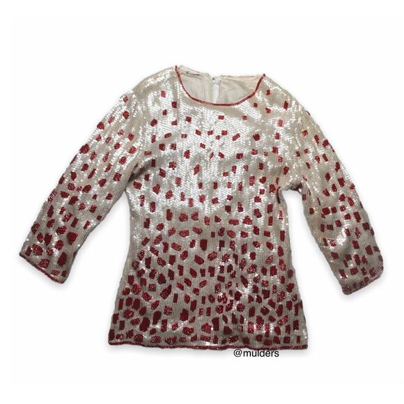 Vintage 100% Silk White & Red Fully Sequin & Beaded Shirt Top - Picture 1 of 16